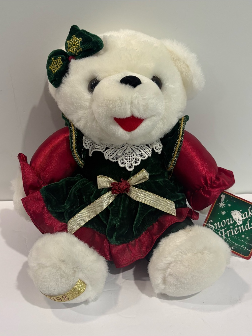 Vtg Dan Dee Walmart Holiday Time SnowFlake Teddy 1998 Red Green Dress Velvet NWT